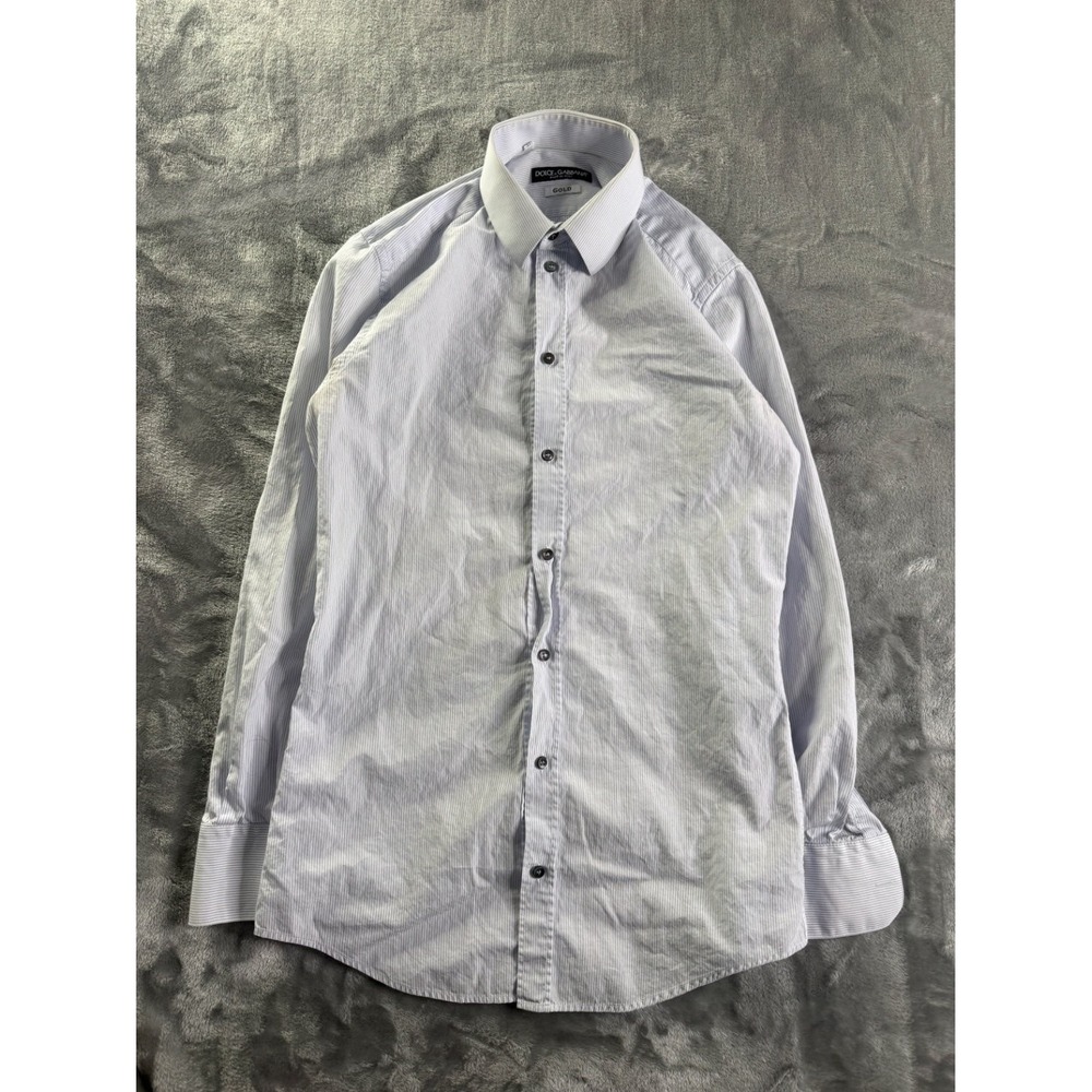 Dolce & Gabbana Gold Men's Dress Shirt 14.5 37 Light Blue Pinstripe Made